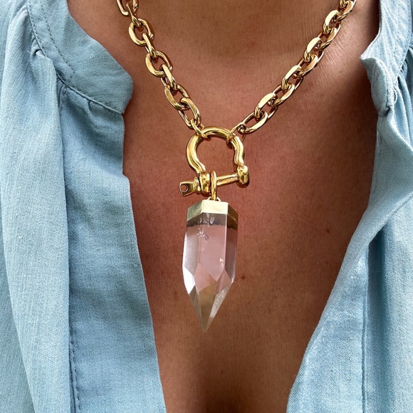 Chunky gold plated hippie girl clear quartz necklace - Picture 2 of 4